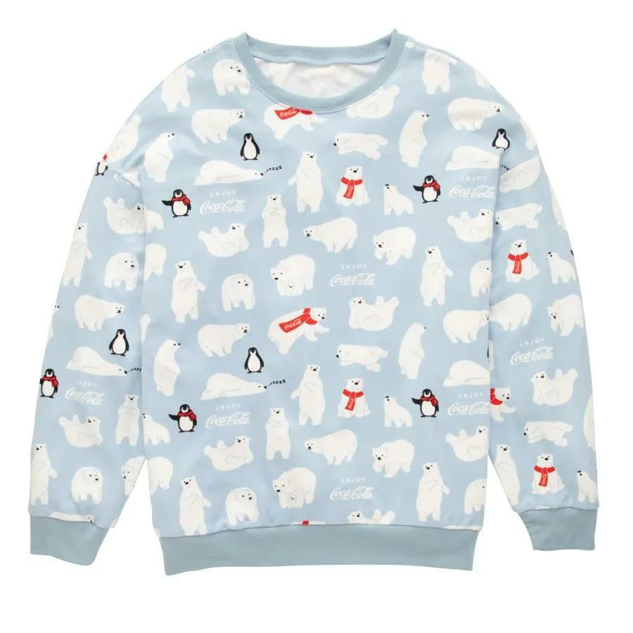 Coca-Cola Women's Hacci Light Blue Polar Bear & Penguin Crew Top | Coca-Cola Store Sale